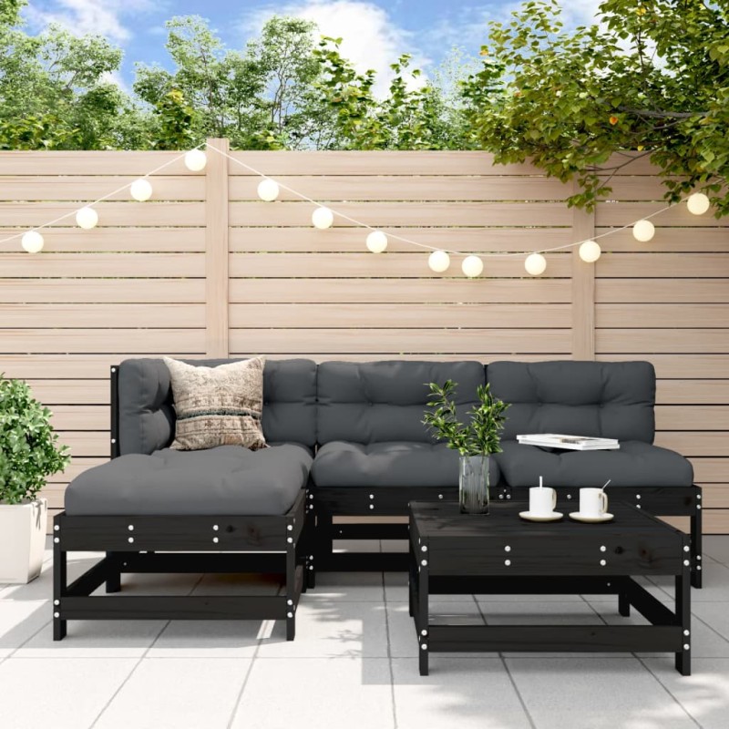 vidaXL Juego de sofás de jardín 5 piezas madera maciza de pino negro vidaXL Juego de sofás de jardín 5 piezas madera maciza de pino negro