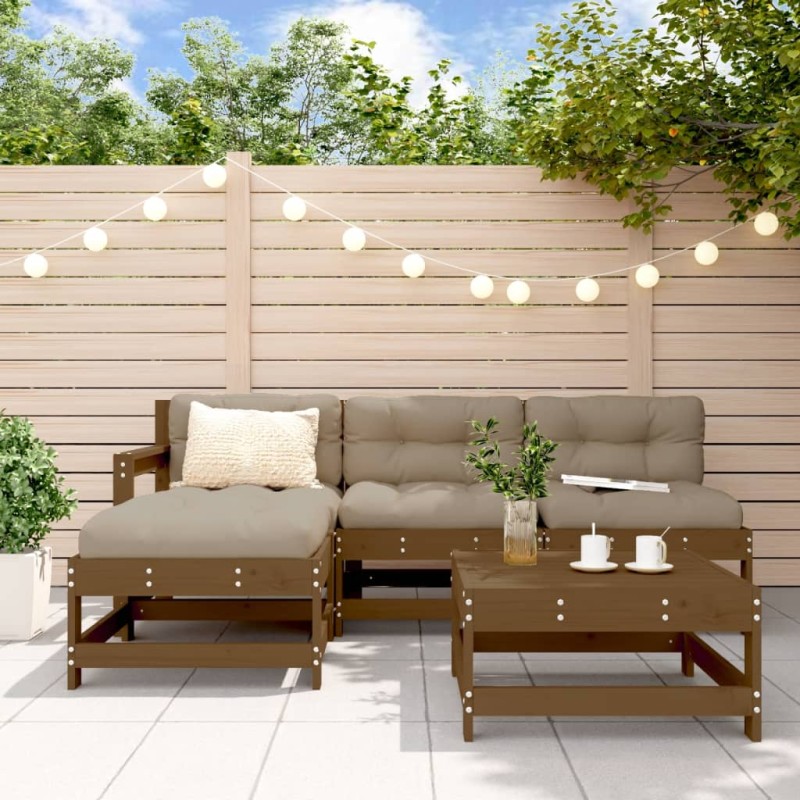 vidaXL Juego de sofás de jardín 5 pzas madera maciza pino marrón miel vidaXL Juego de sofás de jardín 5 pzas madera maciza pino marrón miel