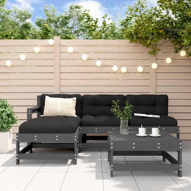 vidaXL Juego de sofás de jardín 5 piezas madera maciza de pino gris