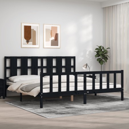 vidaXL Estructura de cama con cabecero madera maciza negro 180x200 cm