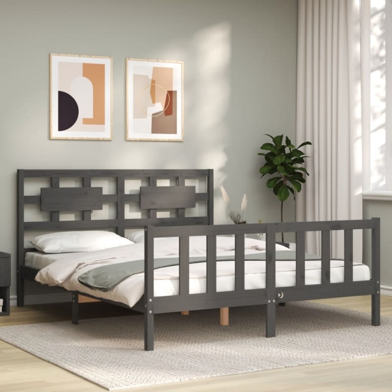 vidaXL Estructura de cama con cabecero madera maciza gris 160x200 cm