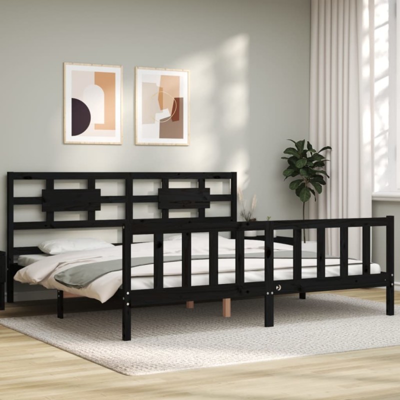 vidaXL Estructura cama de matrimonio con cabecero madera maciza negro vidaXL Estructura cama de matrimonio con cabecero madera maciza negro