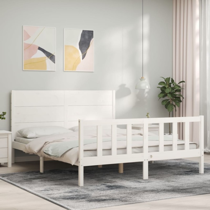 vidaXL Estructura de cama con cabecero madera maciza blanco 160x200 cm vidaXL Estructura de cama con cabecero madera maciza blanco 160x200 cm