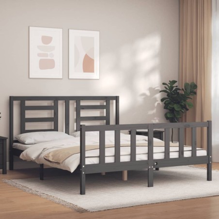 vidaXL Estructura de cama con cabecero madera maciza gris 160x200 cm
