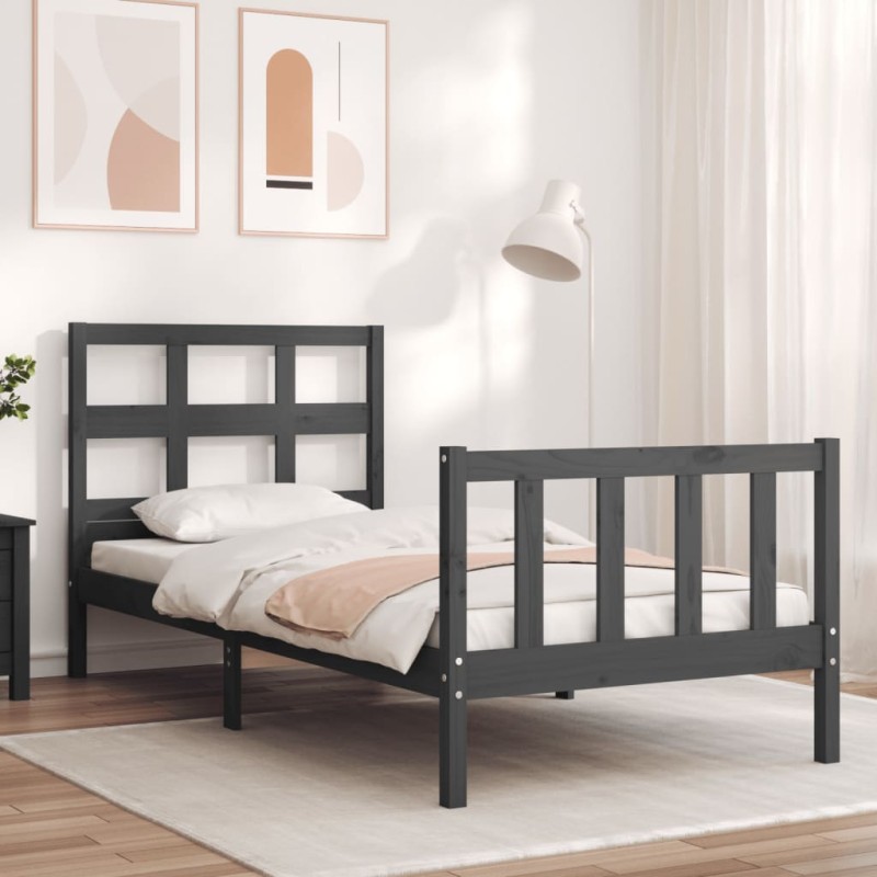 vidaXL Estructura de cama con cabecero madera maciza gris 100x200 cm vidaXL Estructura de cama con cabecero madera maciza gris 100x200 cm