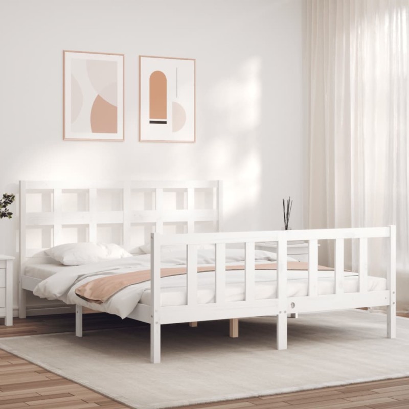 vidaXL Estructura de cama matrimonio con cabecero madera maciza blanco vidaXL Estructura de cama matrimonio con cabecero madera maciza blanco