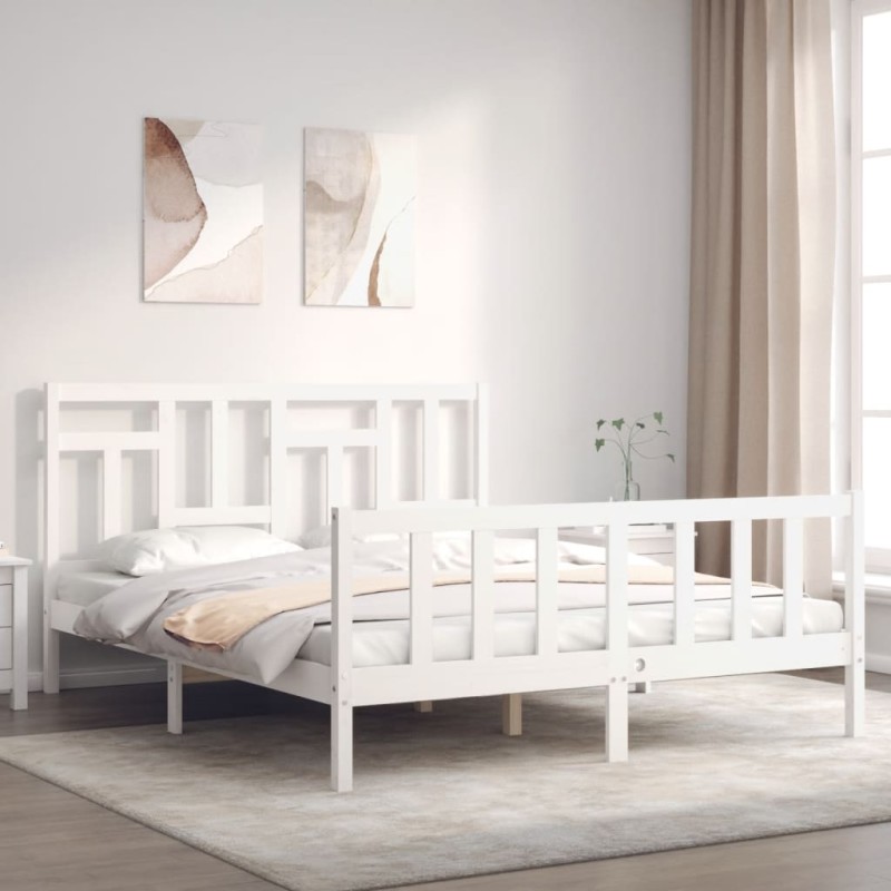 vidaXL Estructura de cama con cabecero madera maciza blanco 160x200 cm vidaXL Estructura de cama con cabecero madera maciza blanco 160x200 cm