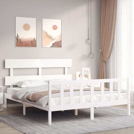 vidaXL Estructura de cama matrimonio con cabecero madera maciza blanco