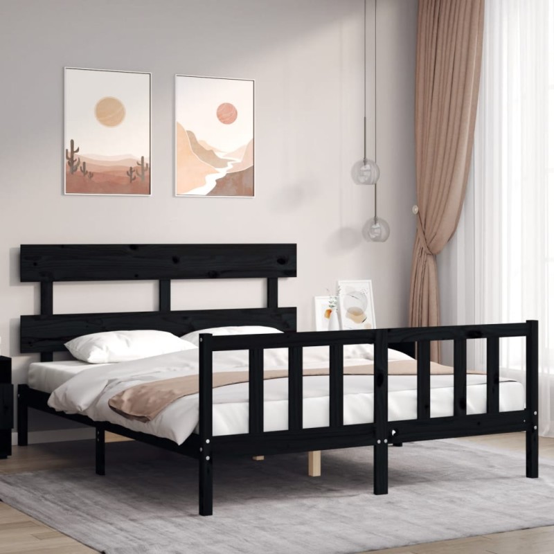 vidaXL Estructura cama de matrimonio con cabecero madera maciza negro vidaXL Estructura cama de matrimonio con cabecero madera maciza negro