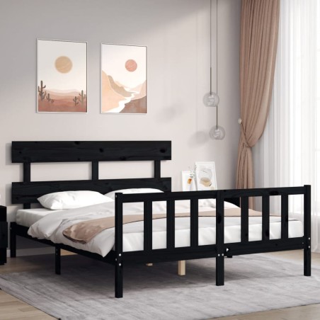 vidaXL Estructura cama de matrimonio con cabecero madera maciza negro