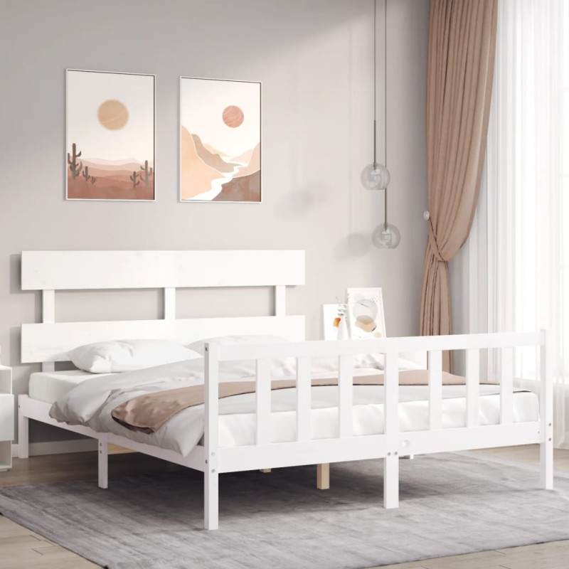 vidaXL Estructura de cama con cabecero madera maciza blanco 160x200 cm vidaXL Estructura de cama con cabecero madera maciza blanco 160x200 cm
