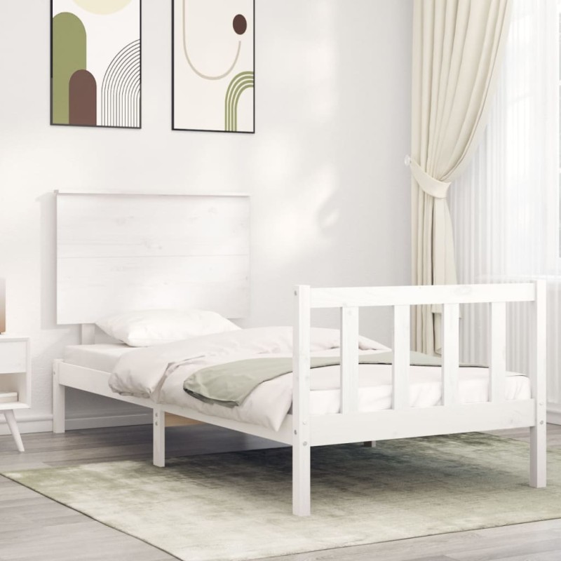 vidaXL Estructura de cama con cabecero madera maciza blanco 90x200 cm vidaXL Estructura de cama con cabecero madera maciza blanco 90x200 cm