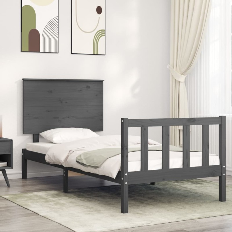 vidaXL Estructura de cama con cabecero madera maciza gris 100x200 cm vidaXL Estructura de cama con cabecero madera maciza gris 100x200 cm