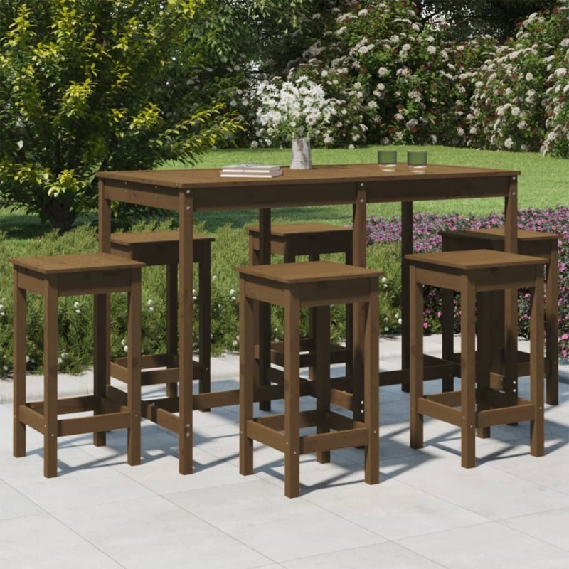vidaXL Mesa y taburetes altos de jardín 7 pzas madera pino marrón miel vidaXL Mesa y taburetes altos de jardín 7 pzas madera pino marrón miel