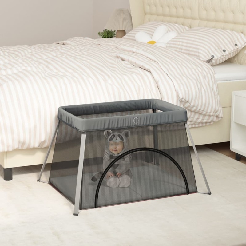 vidaXL Parque infantil para bebés con colchón tela lino gris oscuro vidaXL Parque infantil para bebés con colchón tela lino gris oscuro
