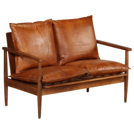 vidaXL Sofá de 2 plazas cuero auténtico con madera de acacia marrón