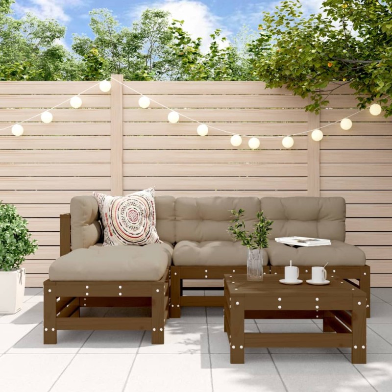 vidaXL Juego de sofás de jardín 5 pzas madera maciza pino marrón miel vidaXL Juego de sofás de jardín 5 pzas madera maciza pino marrón miel