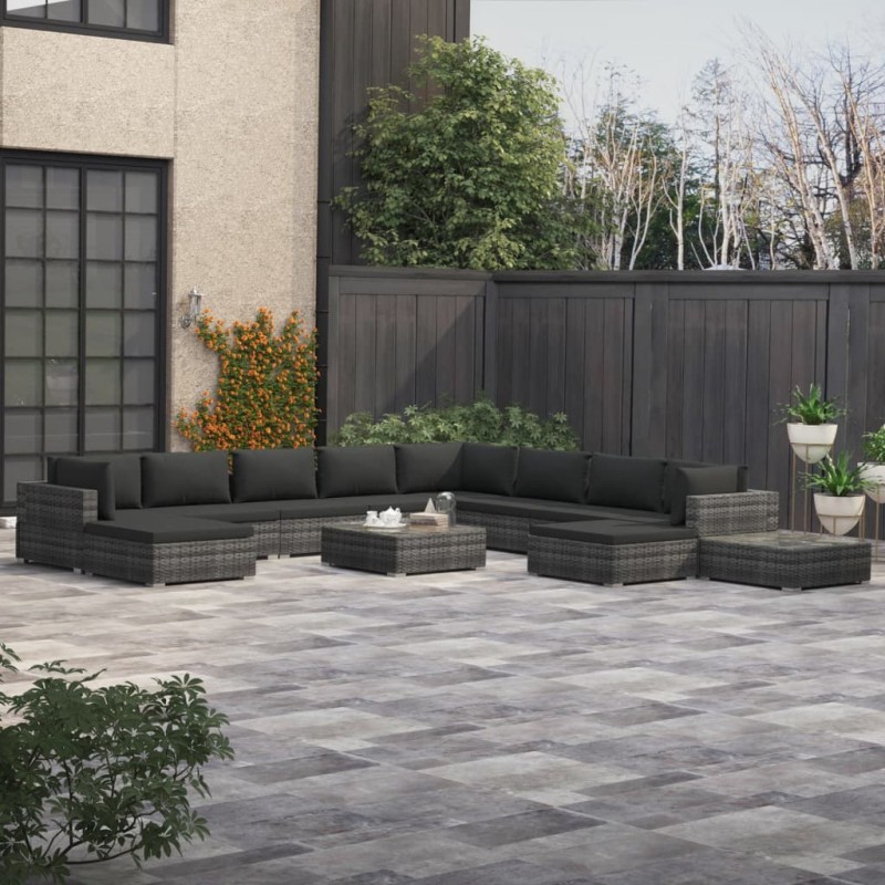 vidaXL Set de muebles de jardín 12 pzas y cojines ratán sintético gris vidaXL Set de muebles de jardín 12 pzas y cojines ratán sintético gris