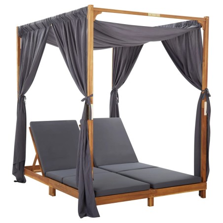 vidaXL Tumbona doble con cortinas y cojines madera maciza de acacia