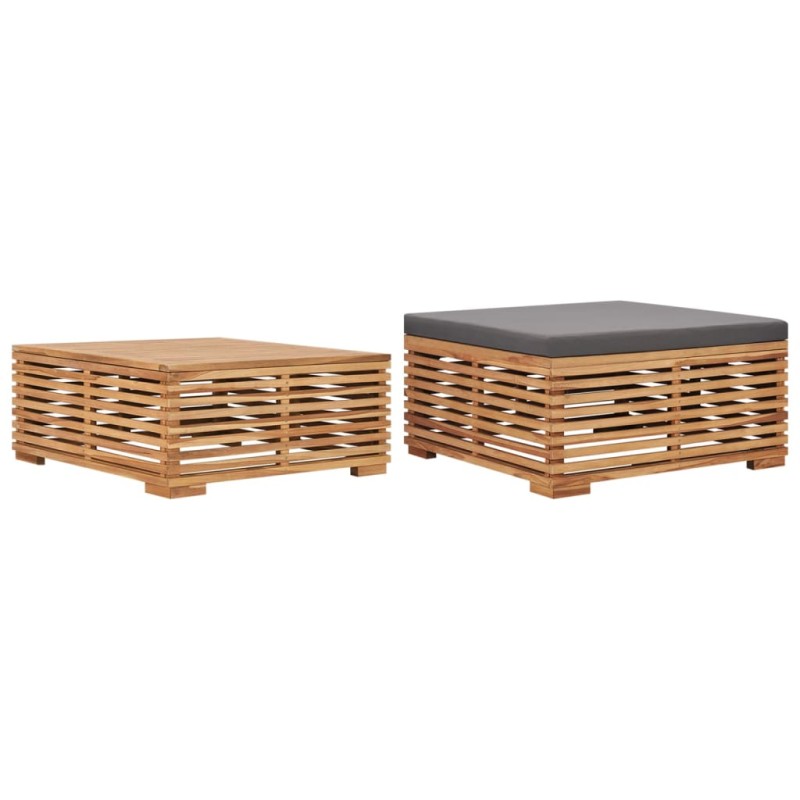 vidaXL Set de mesa reposapiés de jardín cojín gris oscuro madera teca vidaXL Set de mesa reposapiés de jardín cojín gris oscuro madera teca