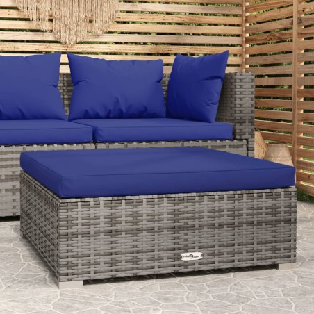 vidaXL Reposapiés de jardín con cojín ratán sintético gris 70x70x30 cm