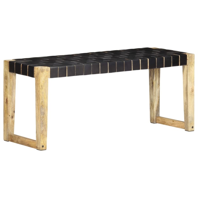 vidaXL Banco de cuero auténtico negro y madera de mango maciza 110 cm vidaXL Banco de cuero auténtico negro y madera de mango maciza 110 cm
