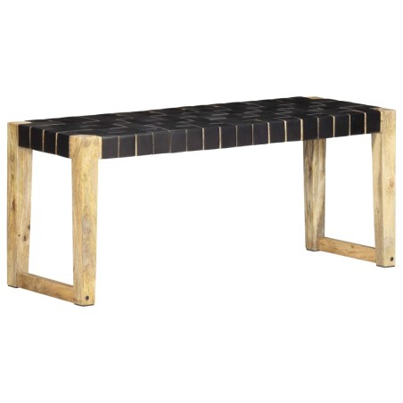 vidaXL Banco de cuero auténtico negro y madera de mango maciza 110 cm