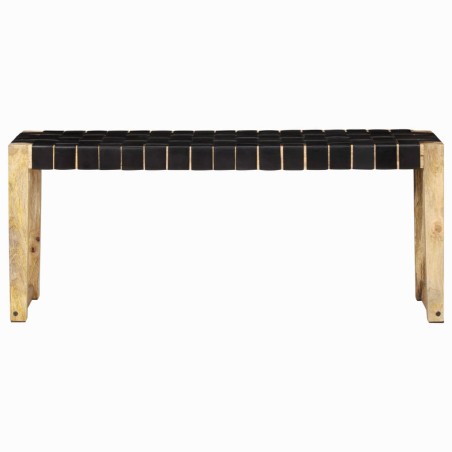 vidaXL Banco de cuero auténtico negro y madera de mango maciza 110 cm