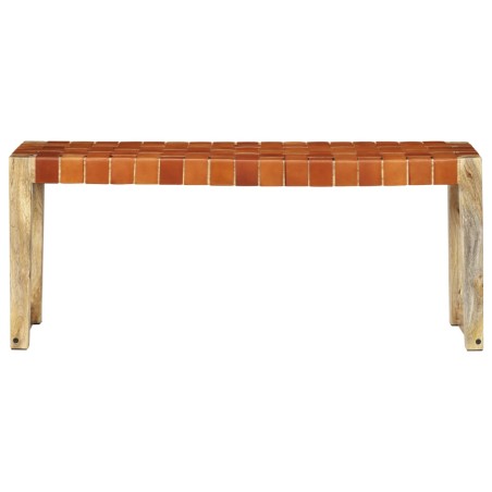 vidaXL Banco de cuero auténtico marrón y madera de mango maciza 110 cm