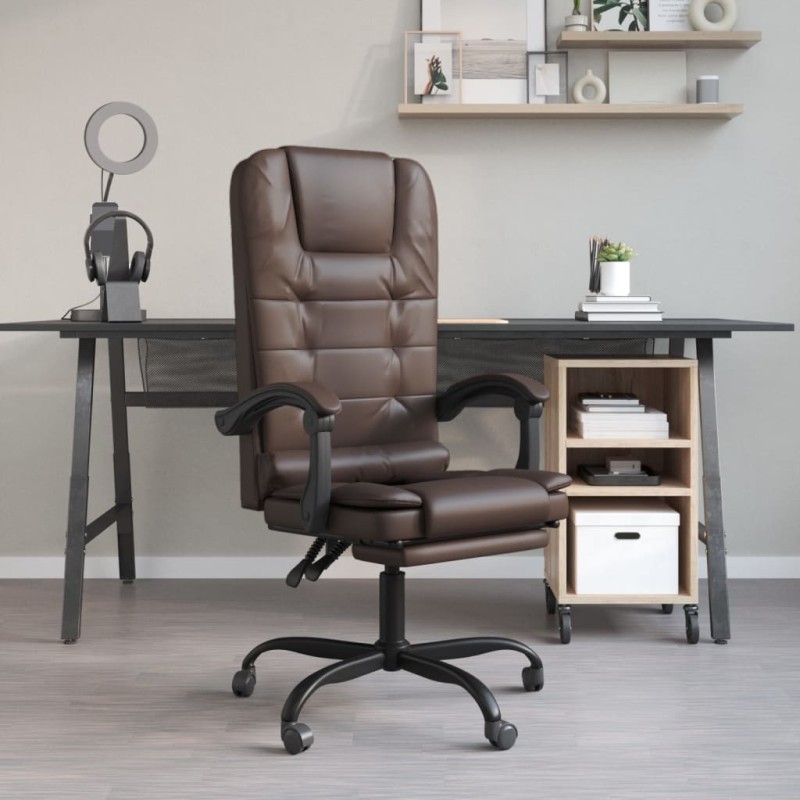 vidaXL Silla de oficina reclinable masaje cuero sintético marrón