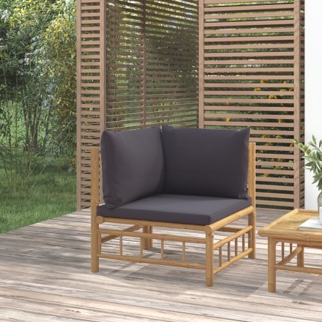 vidaXL Sofá esquinero de jardín bambú con cojines gris oscuro