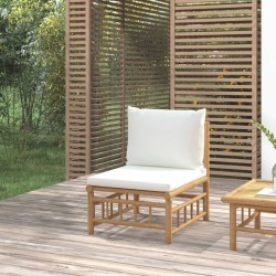 vidaXL Sofá central de jardín bambú con cojines blanco crema