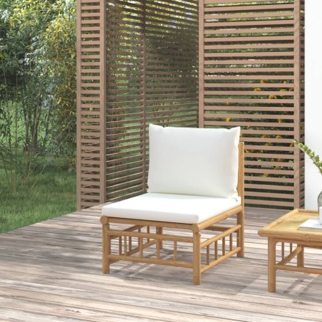 vidaXL Sofá central de jardín bambú con cojines blanco crema