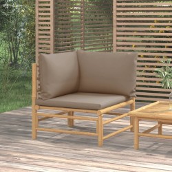vidaXL Sofá esquinero de jardín bambú con cojines gris taupe
