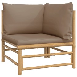 vidaXL Sofá esquinero de jardín bambú con cojines gris taupe