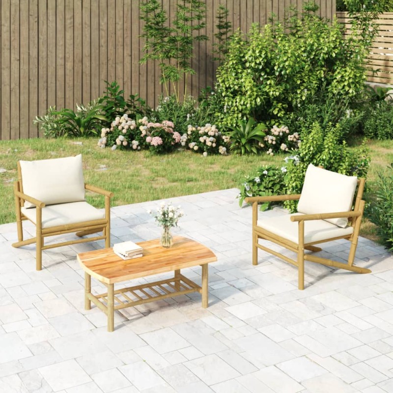 vidaXL Sillas de jardín de bambú 2 unidades con cojines blanco crema vidaXL Sillas de jardín de bambú 2 unidades con cojines blanco crema