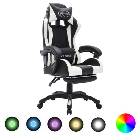 vidaXL Silla gaming con luces LED RGB cuero sintético blanco y negro