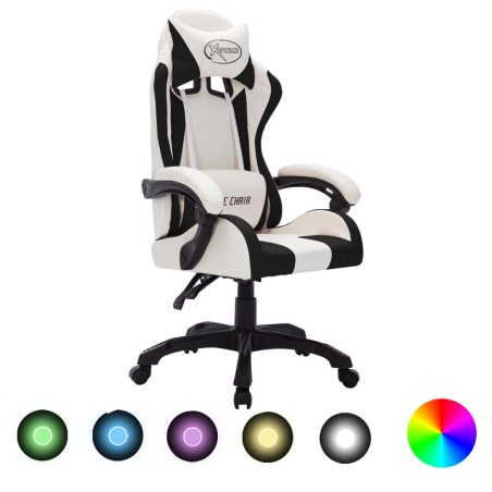 vidaXL Silla gaming con luces LED RGB cuero sintético blanco y negro