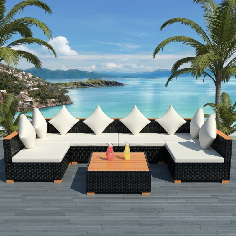 vidaXL Muebles de jardín y cojines 7 piezas ratán sintético negro vidaXL Muebles de jardín y cojines 7 piezas ratán sintético negro