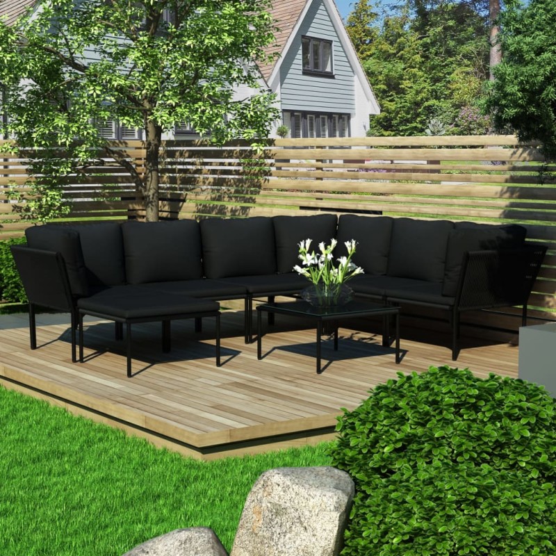 vidaXL Juego de muebles de jardín 8 piezas con cojines PVC negro vidaXL Juego de muebles de jardín 8 piezas con cojines PVC negro