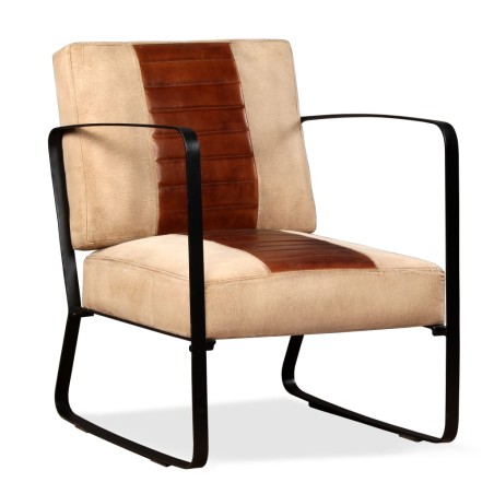 vidaXL Sillón de cuero auténtico y lona marrón