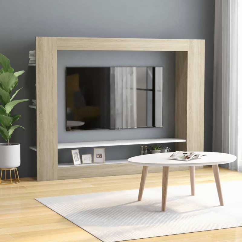 vidaXL Mueble de TV madera contrachapada blanco y roble 152x22x113cm vidaXL Mueble de TV madera contrachapada blanco y roble 152x22x113cm