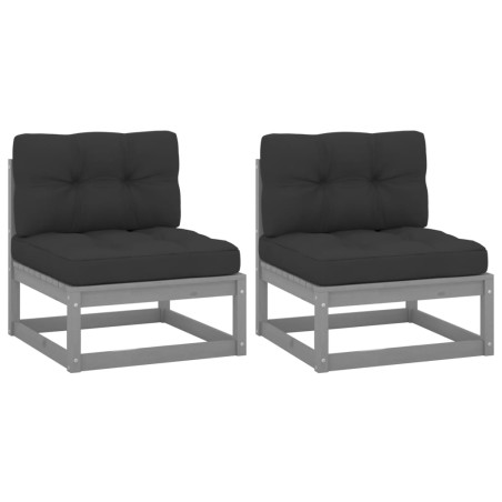 vidaXL Sofá central de jardín 2 pzas cojines madera pino maciza gris
