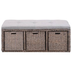vidaXL Banco con 3 cestas hierba marina 105x40x42 cm gris