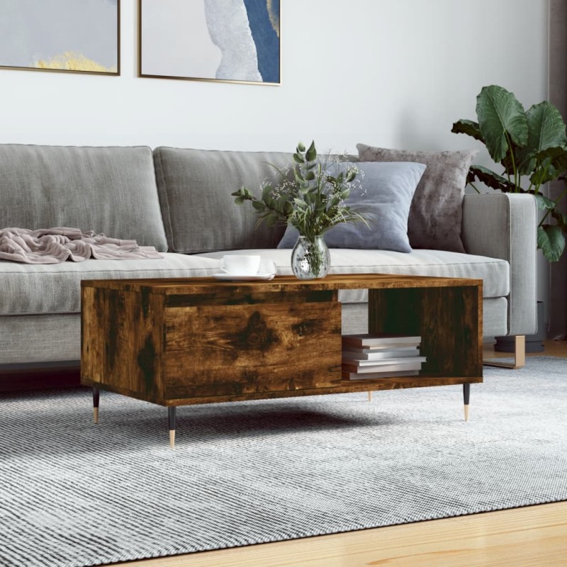 vidaXL Mesa de centro madera contrachapada roble ahumado 90x50x36,5 cm vidaXL Mesa de centro madera contrachapada roble ahumado 90x50x36,5 cm