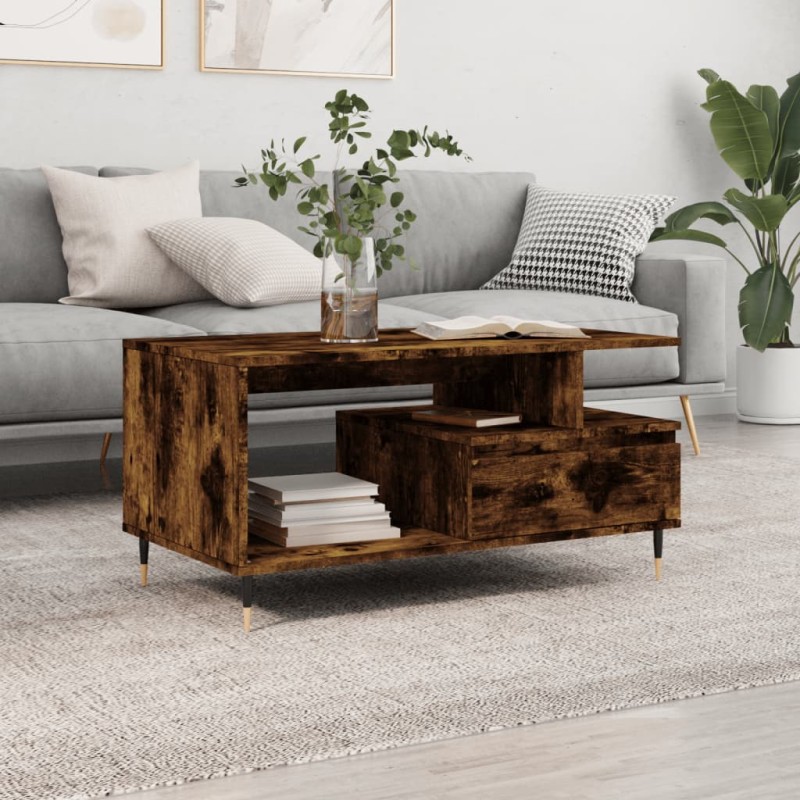 vidaXL Mesa de centro madera contrachapada roble ahumado 90x49x45 cm vidaXL Mesa de centro madera contrachapada roble ahumado 90x49x45 cm