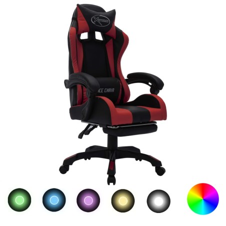 vidaXL Silla gaming luces LED RGB cuero sintético color vino y negro