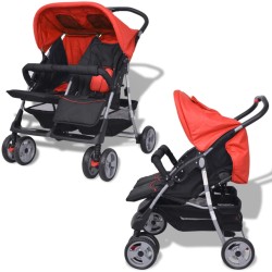vidaXL Cochecito gemelar de acero rojo y negro