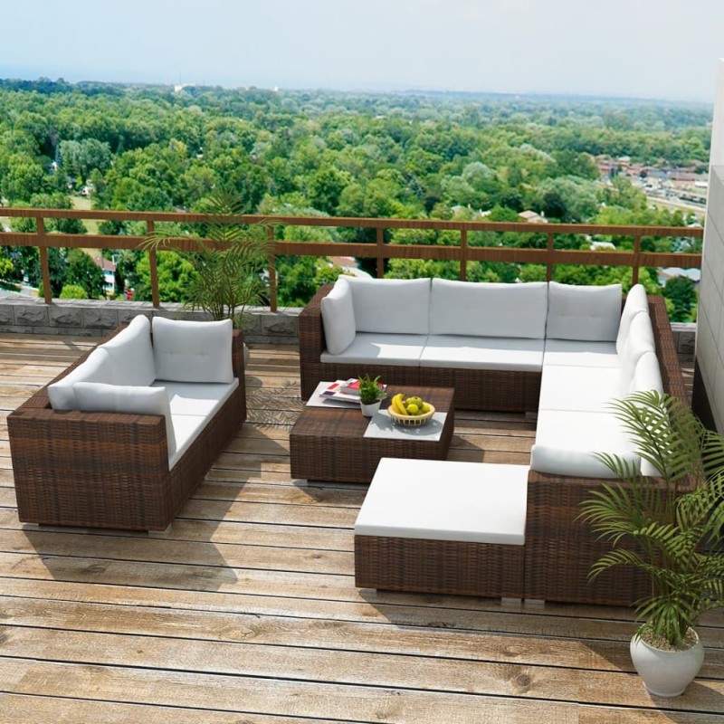 vidaXL Set muebles de jardín 10 pzas y cojines ratán sintético marrón vidaXL Set muebles de jardín 10 pzas y cojines ratán sintético marrón