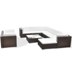 vidaXL Set muebles de jardín 10 pzas y cojines ratán sintético marrón